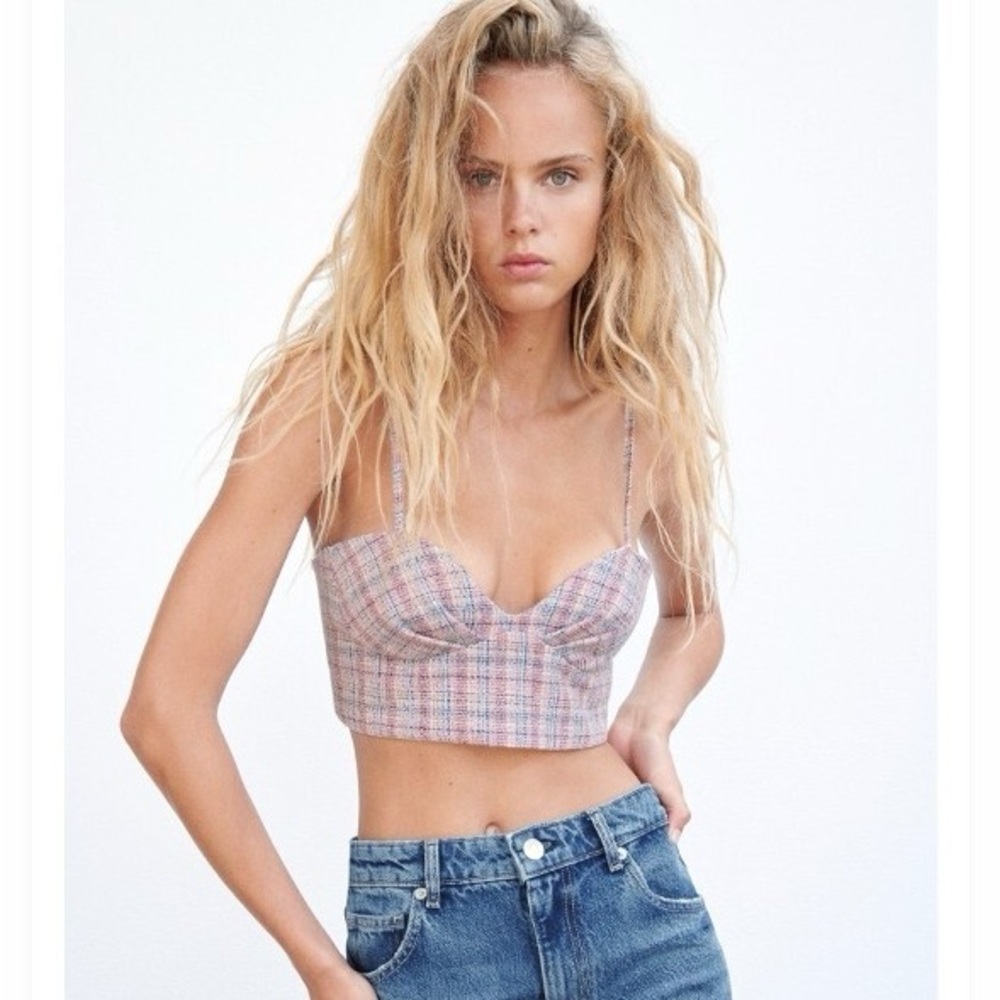 ZARA WOMEN'S TWEED CHECKERED CROPPED TOP